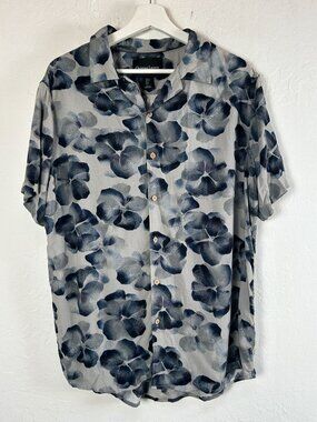 Christian Lacroix Men Large Floral Button-Up Shirt Blue Gray Short-Sleeve Casual